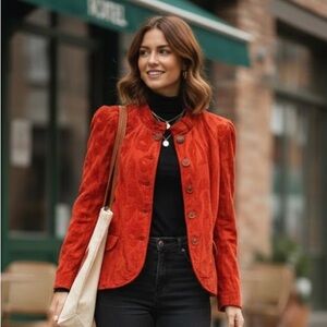 Jolibel Textured Button-Front Jacket | Rust Orange Mandarin Collar